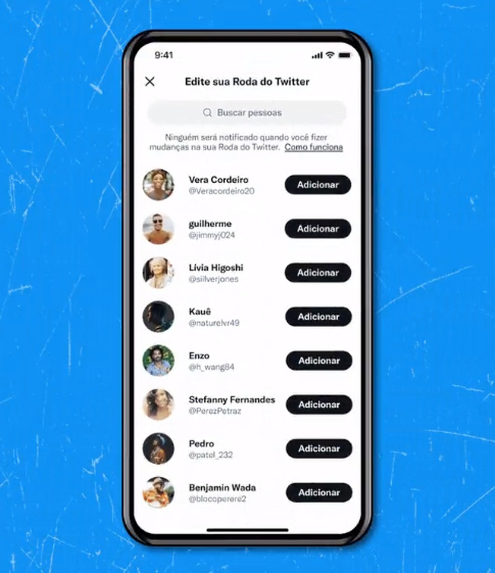 Tela para adição ou remoção de amigos da Roda do Twitter — Foto: Reprodução/Twitter