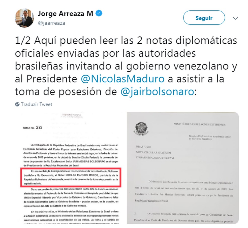 Chanceler da Venezuela afirma, em postagem, que o governo brasileiro convidou NicolÃ¡s Maduro para posse de Jair Bolsonaro â Foto: @jaarreaza/ReproduÃ§Ã£o/Twitter