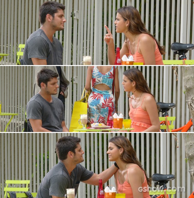 Luiza reclama com o namorado e acaba cedendo à sua lábia (Foto: Em Família/ TV Globo)