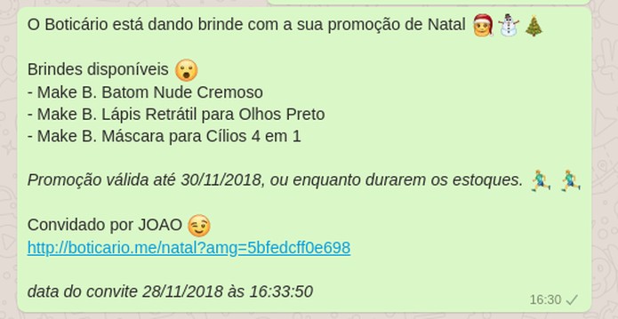 Mensagem falsa compartilhada no WhatsApp oferece brindes da marca O BoticÃ¡rio â€” Foto: ReproduÃ§Ã£o/ TechTudo