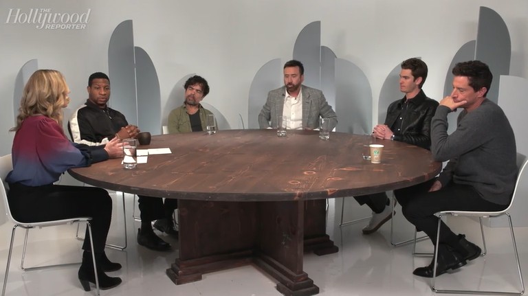 Andrew Garfield, Simon Rex, Jonathan Majors e Peter Dinklage e Nicolas Cage.em mesa de conversa do The Hollywood Reporter (Foto: Reprodução)