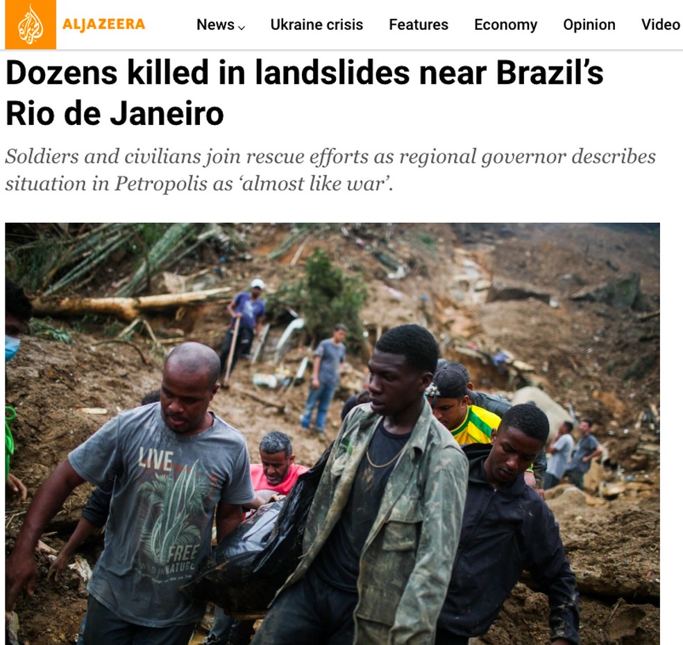 'Dezenas de mortos em deslizamentos de terra perto do Rio de Janeiro', diz a Al Jazeera — Foto: Reprodução/Al Jazeera
