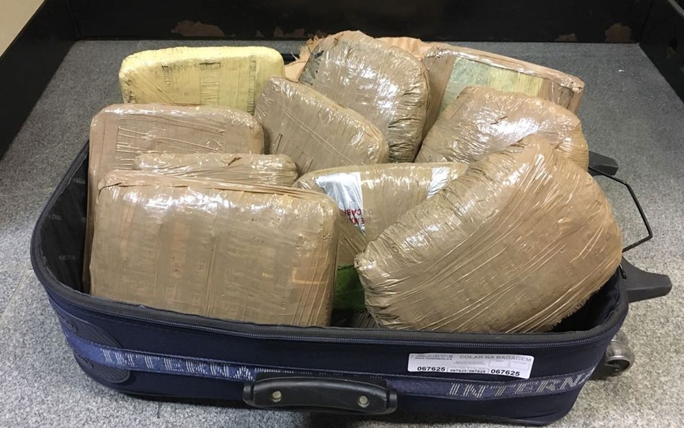 Mala com 10 kg de maconha foi encontrada com jovem de 18 anos na Bahia (Foto: Divulgação/PRF)