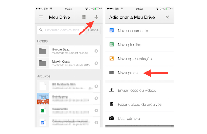 Iniciando a criação de uma pasta no Google Drive para iPhone (Foto: Reprodução/Marvin Costa)