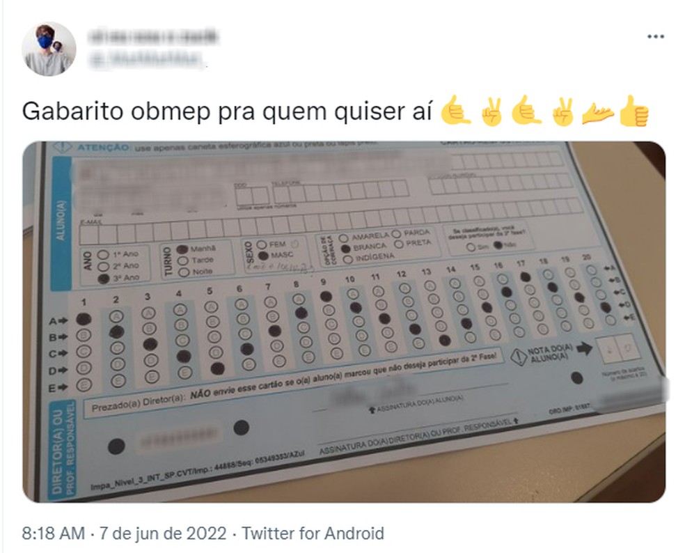 Suposto gabarito da 17ª OBMEP. — Foto: Reprodução/Redes sociais