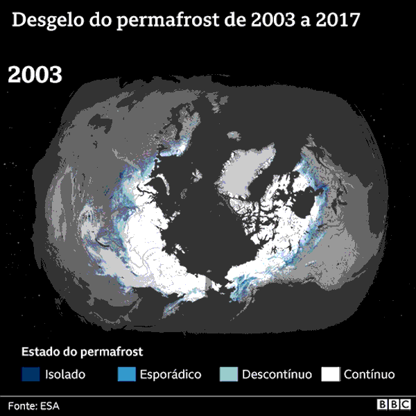 Desgelo do permafrost de 2003 a 2017 (Foto: BBC News)