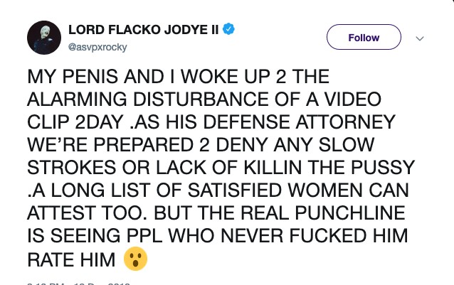 O post do rapper A$AP Rocky rebatendo as críticas à sex tape protagonizada por ele que vazou na internet (Foto: Twitter)