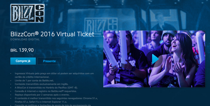Ingresso virtual da BlizzCon dá direito a asssistir toda a feira (Foto: Reprodução/Felipe Vinha)