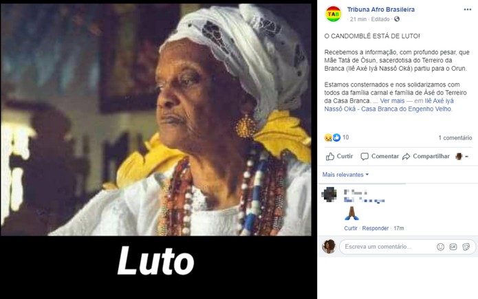 Ialorixá do terreiro mais antigo de Salvador, Mãe Tatá Oxum Tomilá morre aos 96 anos na Bahia — Foto: Reprodução/Redes Sociais