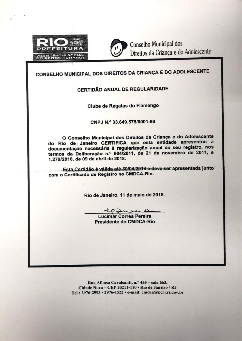 Registro Conselho Municipal dos Direitos da Criança e do Adolescente, Flamengo — Foto: Divulgação / Flamengo