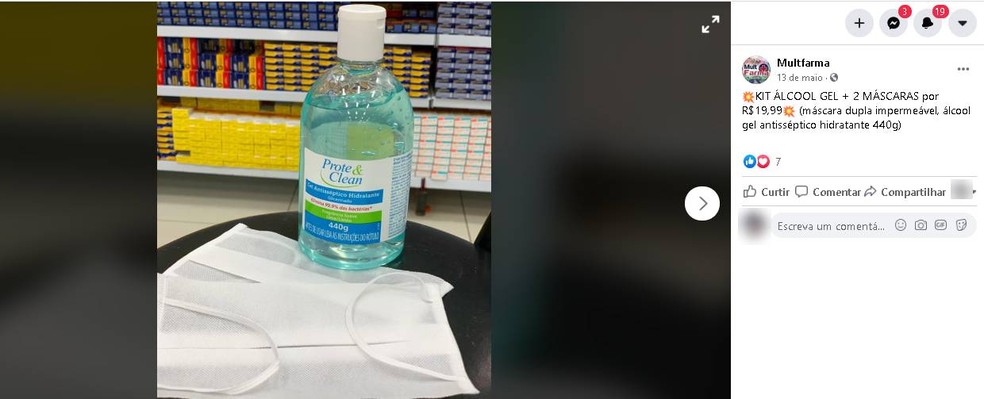 &Aacute;lcool em gel era anunciado a R$ 19,99 poucos dias ap&oacute;s compra na mesma farm&aacute;cia por R$ 30 &mdash; Foto: Reprodu&ccedil;&atilde;o