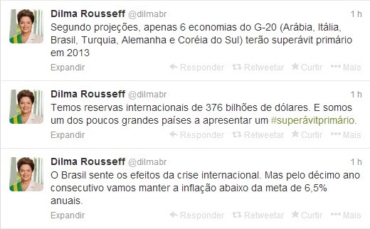 Tweets de Dilma Rousseff na manhã desta segunda-feira (18/11) (Foto: Reprodução/ Twitter)
