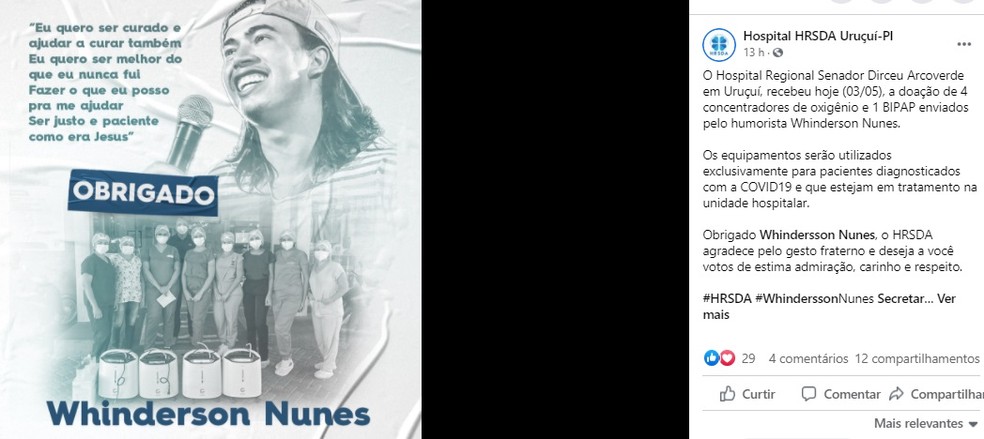 Doação de Whindersson Nunes para hospital em Uruçuí — Foto: Reprodução/Facebook