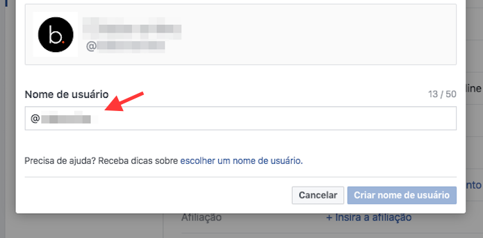 Opção para definir um novo nome de usuário e URL de uma página no Facebook (Foto: Reprodução/Marvin Costa)