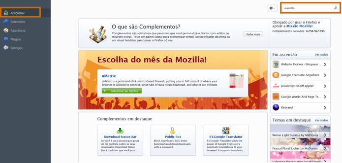 Menu de Adicionar permite encontrar loja de complementos do Firefox (Foto: Reprodução/Barbara Mannara)