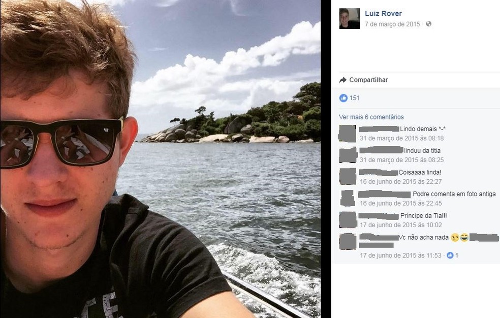 Luiz Rover foi atingido por um tiro dentro de casa. Na foto ele aparece andando de barco aos 19 anos. (Foto: Facebook/Reprodução)