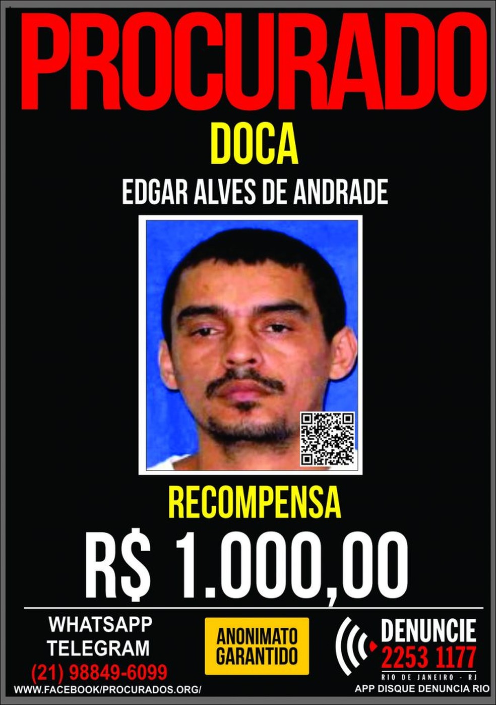 Doca é procurado pela polícia com recompensa a R$ 1 mil — Foto: Reprodução