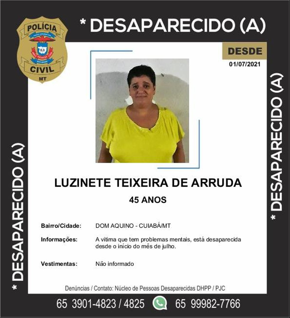 Luzinete Teixeira de Arruda está desaparecida em Cuiabá — Foto: Polícia Civil