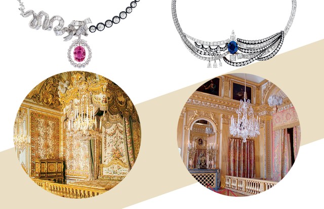 Colares com diamantes montados sobre prata oxidada. Abaixo, Chambre de la reine e Chambre du roi (Foto: Shutterstock, Divulgação e Reprodução Instagram)