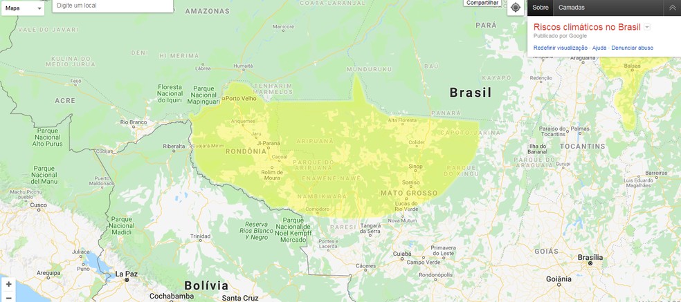 Inmet emite alerta de potencial perigo de chuvas em Rondônia e Mato Grosso nesta terça-feira (25).  — Foto: Reprodução/Google