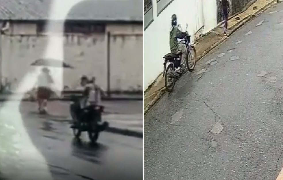 Câmeras de segurança flagram ação de motociclista que rouba bolsas de mulheres em Tietê — Foto: Circuito de segurança/Reprodução
