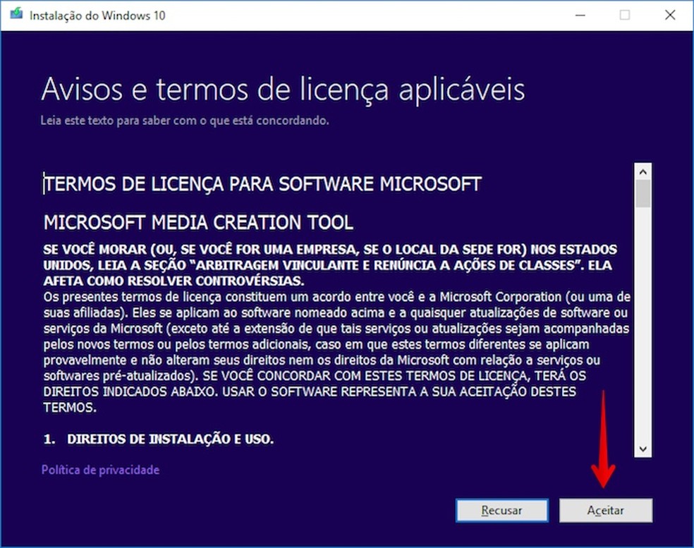 Aceite os termos do contrato da Microsoft 