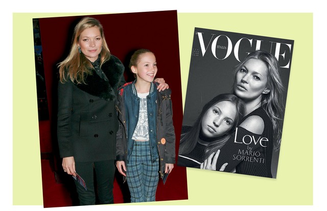 Lila Grace e Kate em premiére em Londres e, à direita, na capa da Vogue italiana de junho de 2016 (Foto: Gettyimages, Reprodução Instagram e Divulgação)