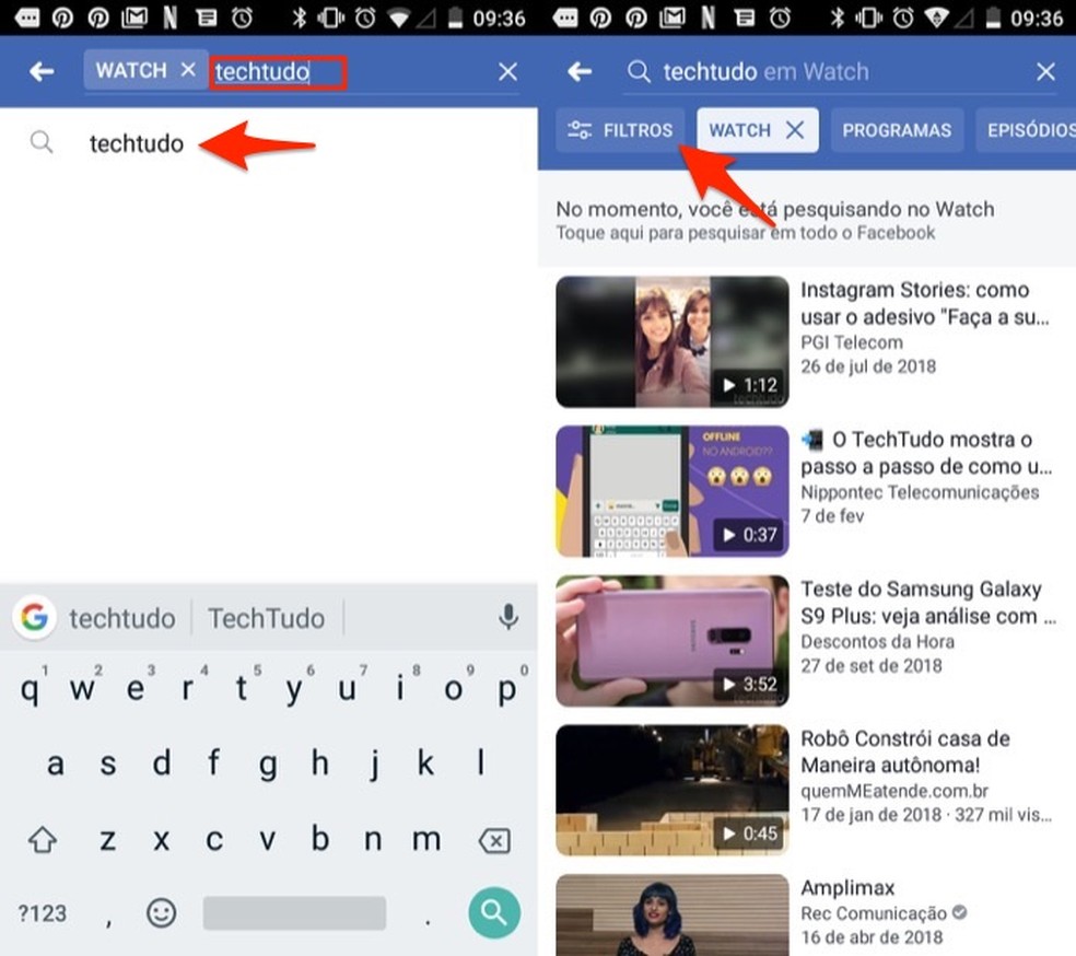Ação para buscar vídeos e abrir a tela de filtros do Facebook Watch para Android — Foto: Reprodução/Marvin Costa