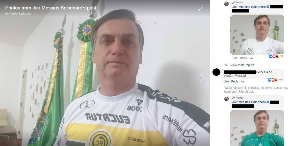 Bolsonaro veste camisas do Santos e do Palmeiras após pedidos de seguidores