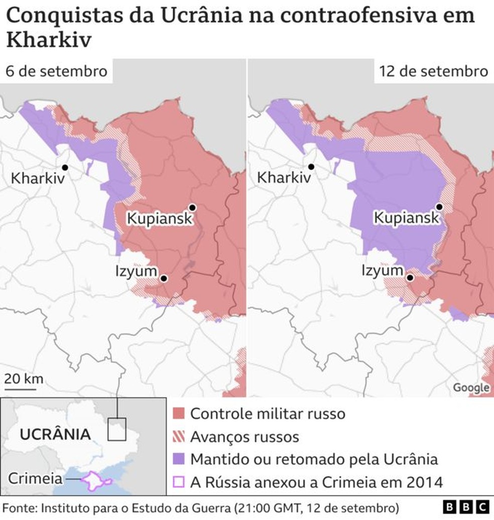 Conquistas da Ucrânia na contraofensiva em Kharkiv — Foto: BBC