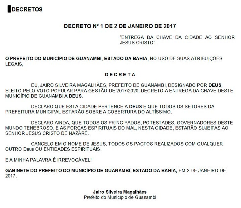 Prefeito de cidade de Guanambi assinou decreto em que diz que cidade pertence a Deus. (Foto: Reprodução/Diário Oficial de Guanambi)