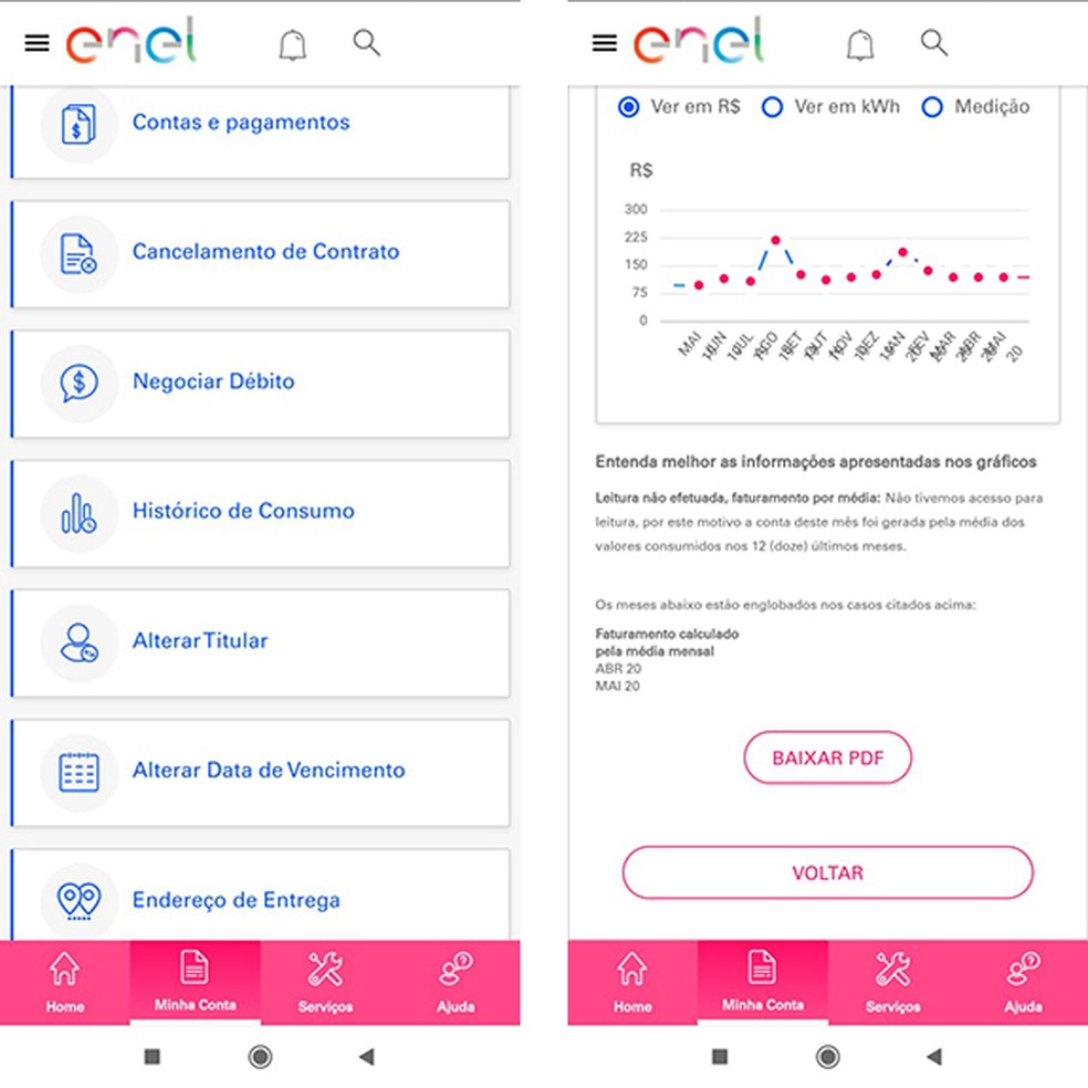 Para visualizar o histórico de consumo, é possível baixar aplicativo Enel São Paulo — Foto: Reprodução/Marcela Franco