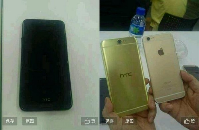 Suposto novo smart HTC ao lado de iPhone 6 (Foto: Reprodução/Twitter)