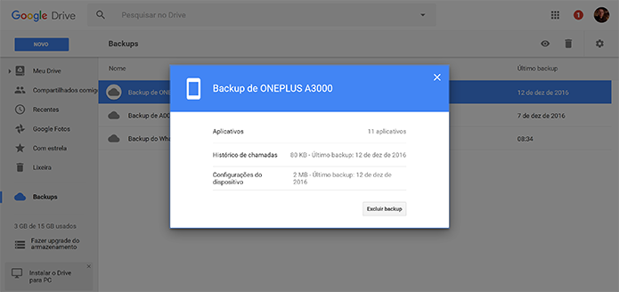 Usuário pode conferir detalhes de backup no Google Drive antes de excluir (Foto: Reprodução/Elson de Souza)