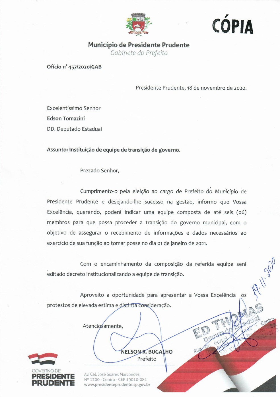 Em ofício, Bugalho sugere a Ed Thomas formação de equipe de transição de  governo em Presidente Prudente | Presidente Prudente e Região | G1