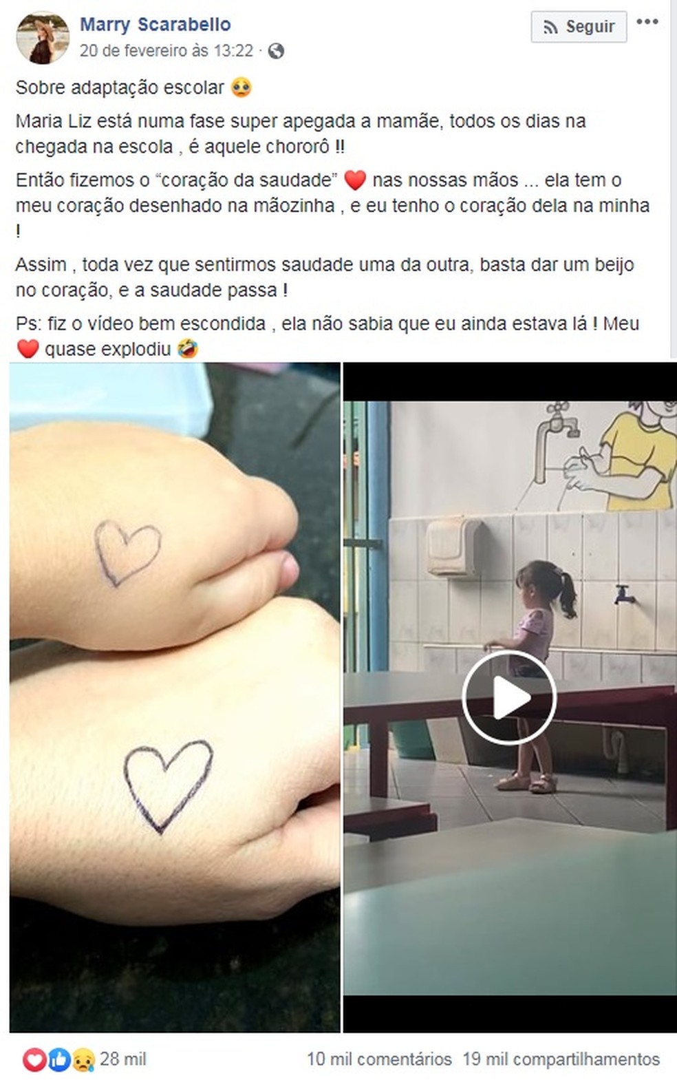 Em vídeo comovente, menina beija coração desenhado na mão para diminuir  saudade da mãe na escola | Bauru e Marília | G1