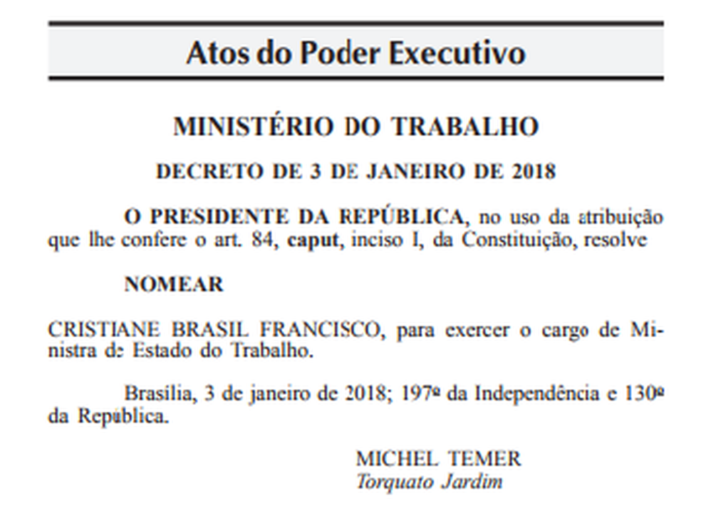 Nomeação de Cristiane Brasil foi publicada no 'Diário Oficial da União' (Foto: Reprodução)