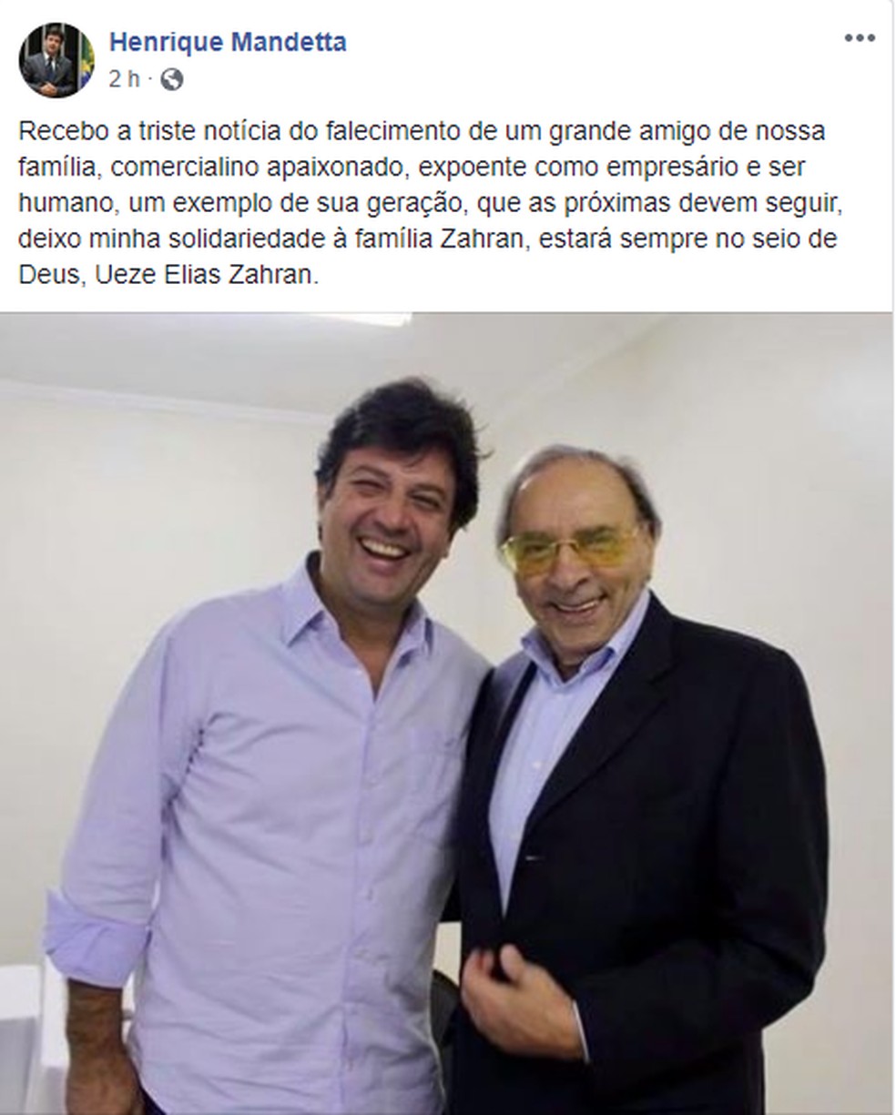 Deputado federal Luiz Henrique Mandetta comentou sobre a morte do empresário em seu perfil no facebook. — Foto: Facebook/Reprodução 