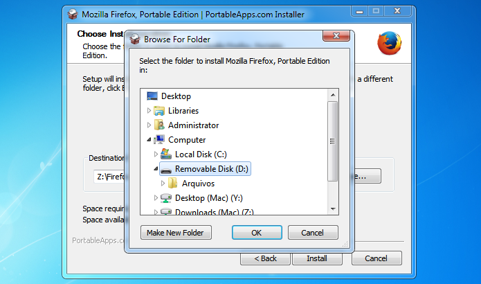Selecione o pen drive em que você quer instalar o Firefox (Foto: Reprodução/Helito Bijora) 