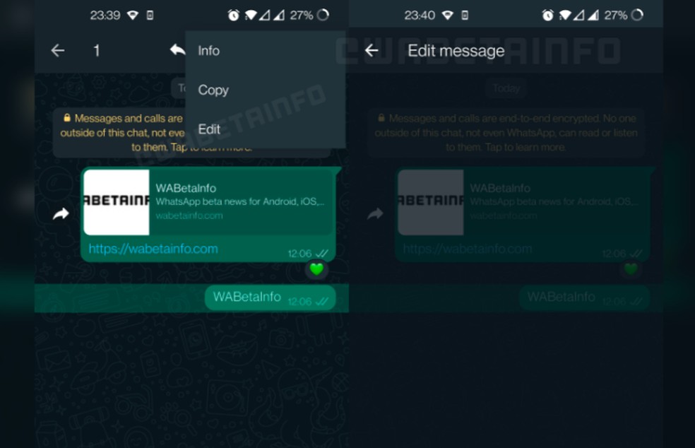 Captura de tela que mostra uma versão em desenvolvimento do WhatsApp com o recurso editar — Foto: Reprodução/WABetaInfo