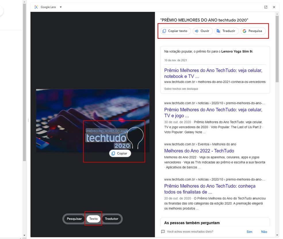 Google Lens permite pesquisar ou copiar o texto embutido nas imagens — Foto: Reprodução/Barbara Mannara