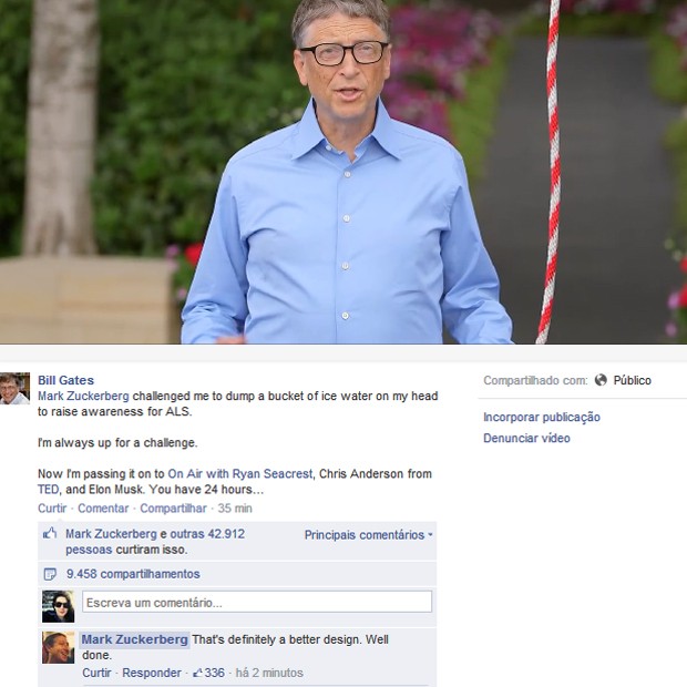 Mark Zuckerberg comenta o vídeo no Facebook de Bill Gates (Foto: Reprodução/ Facebook)