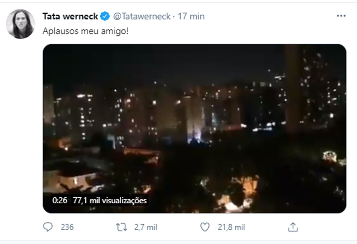 Tata Werneck posta salva de palmas para Paulo Gustavo no Rio de Janeiro (Foto: Reprodução/Twitter)