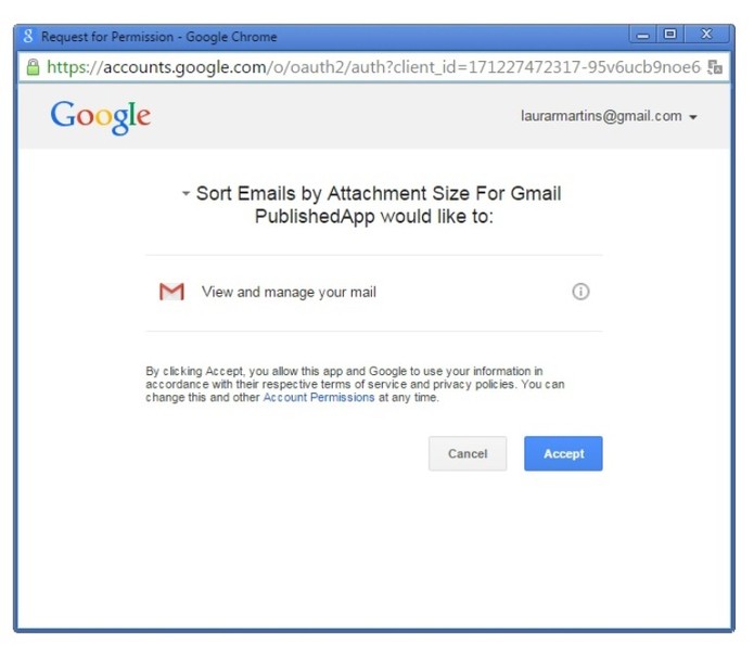 Gmail também pede autorização (Foto: Reprodução / Laura Martins)