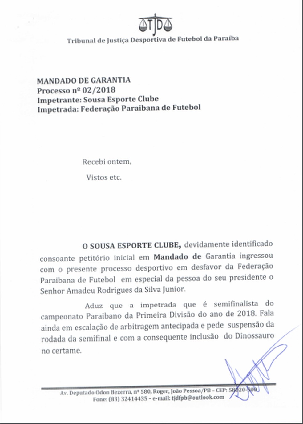 Documento lançado pelo Tribunal de Justiça Desportiva da Paraíba nega pedido do Sousa.  (Foto: Reprodução/TJDF-PB)