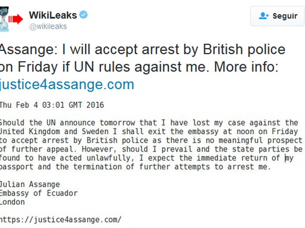 Mensagem de assange no twitter do Wikileaks (Foto: Reprodução / Twitter do Wikileaks)