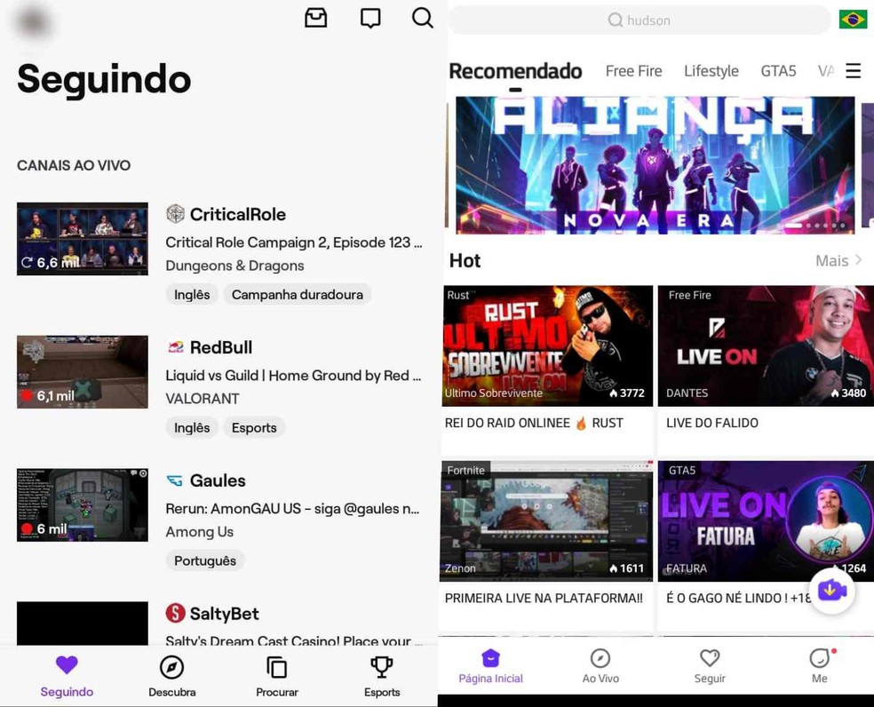 As interfaces dos aplicativos da Twitch (esquerda) e Nimo TV (direita) — Foto: Reprodução/Bruna Telles