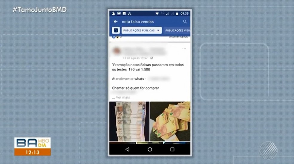 Em uma postagem em uma rede social,  falsÃ¡rio que comercializa cÃ©dulas afirma que as notas estÃ£o em promoÃ§Ã£o â€” Foto: TV Bahia
