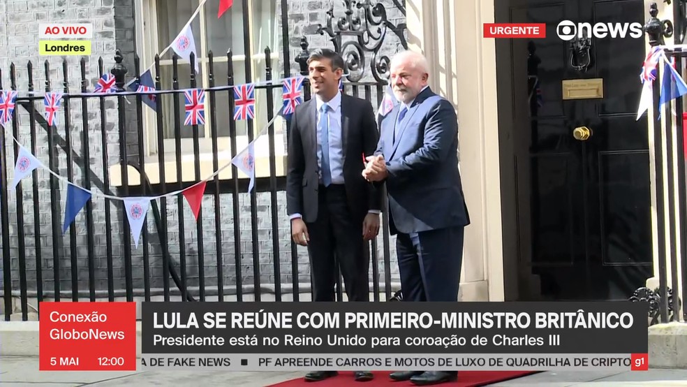 Lula e o primeiro-ministro do Reino Unido, Rishi Sunak — Foto: GloboNews/Reprodução