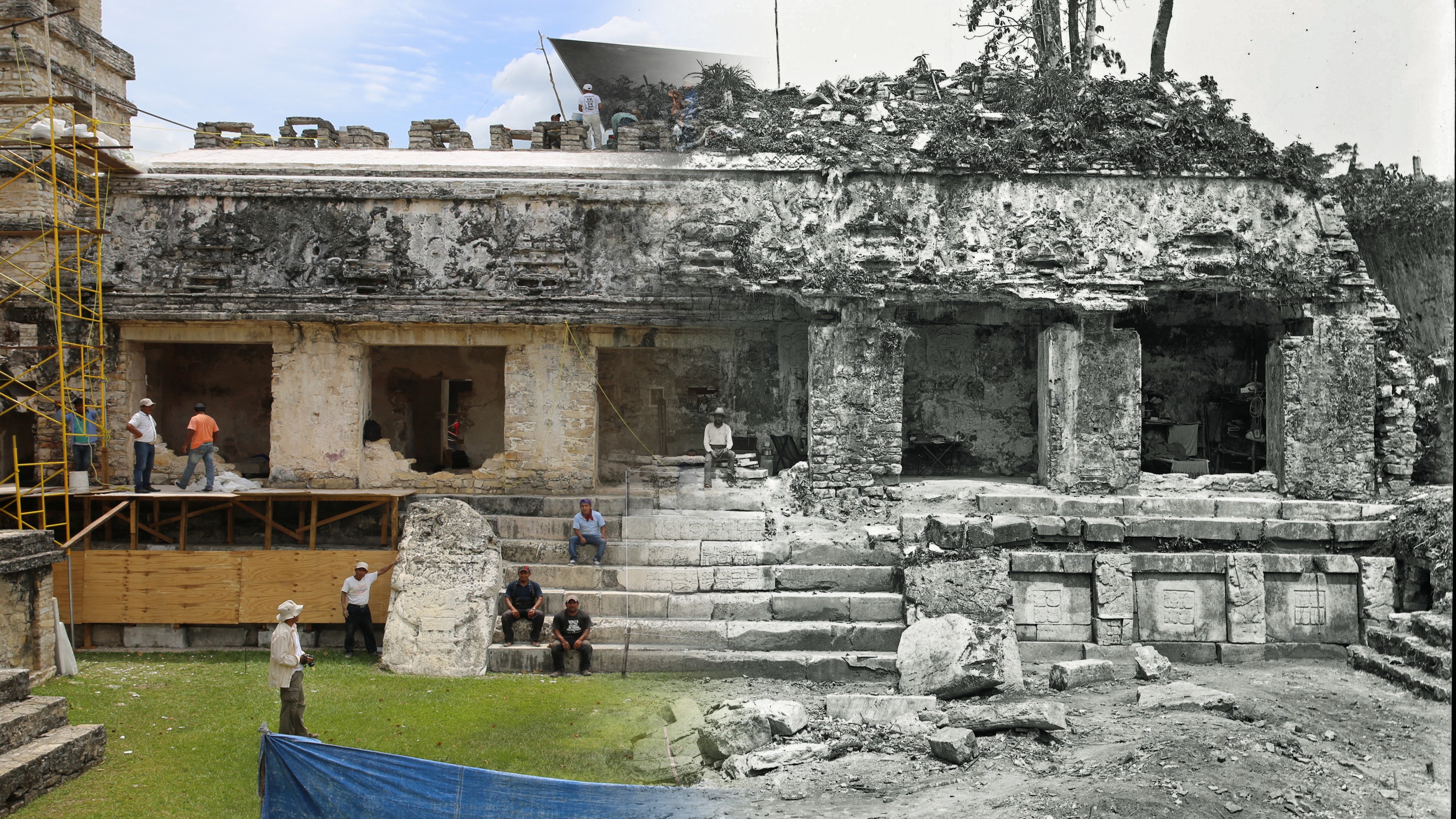 Composição de fotos (uma atual e uma de Alfred Maudslay) compara a preservação da escada do Palácio de Palenque (Foto: Divulgação/Google Arts & Culture)